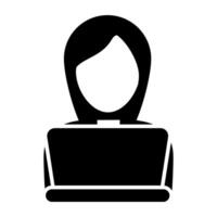 femmina avatar nel davanti di il computer portatile in mostra il computer portatile utente icona vettore
