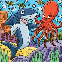 squalo e polpo colorato cartone animato illustrazione vettore