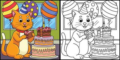 gatto con un' compleanno torta colorazione illustrazione vettore