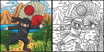 ninja con un' grande fan colorazione pagina illustrazione vettore