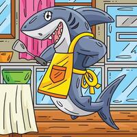 squalo con un grembiule e spatola colorato cartone animato vettore