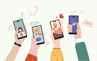 giovane persone uso smartphone e fare surf nel sociale media. simpatia fotografie. femmina e maschio personaggi parlando nel mobile app. ragazzi e ragazze chattare, Guardando video. piatto vettore cartone animato illustrazione