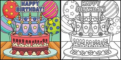 contento compleanno torta colorazione pagina illustrazione vettore