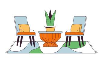 accogliente terrazza posti a sedere mobilia 2d lineare cartone animato oggetto. Due sedie vaso di fiori isolato linea vettore elemento bianca sfondo. tappeto pavimento copertura sotto poltrone colore piatto individuare illustrazione