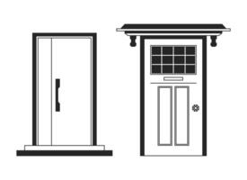 Ingresso porte nero e bianca 2d linea cartone animato oggetti impostare. Residenziale portico. porta edificio esterno isolato vettore schema elementi collezione. portone chiuso monocromatico piatto individuare illustrazioni