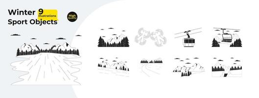 ricorrere inverno stagione nero e bianca 2d linea cartone animato oggetti fascio. sciovia, Snowboard montagne isolato vettore schema elementi collezione. orario invernale paesaggi monocromatico piatto individuare illustrazioni