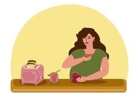 un' incinta giovane donna ha colazione, bevande tè e mangia crostini con marmellata. Là è un elettrico tostapane e un' vaso di marmellata su il tavolo. maternità, gravidanza, salutare mangiare. vettore illustrazione