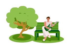 un' giovane uomo giochi il chitarra, si siede su un' parco panchina vicino un' albero nel il estate. ricreazione, passatempo, giocando un' musicale strumento. vettore cartone animato illustrazione.