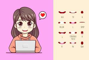 carino ragazza utilizzando il computer portatile. vettore cartone animato carattere. con un' collezione di labbro sync per animazione.