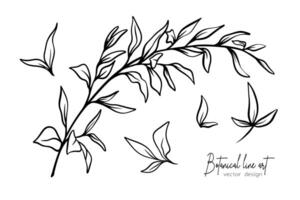 botanico elegante linea arte illustrazione di fiore le foglie ramo per nozze invito e carte, logo disegno, ragnatela, sociale media e manifesto, modello, annuncio, bellezza e cosmetico industria. vettore