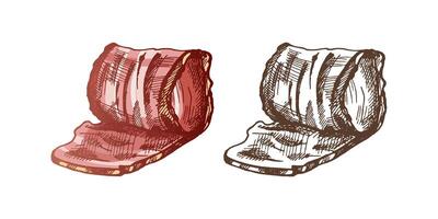 disegnato a mano colorato e monocromatico vettore schizzo di hamon o Maiale carne, prosciutto fetta. italiano prosciutto Vintage ▾ schizzo. macellaio negozio. grande per etichetta, ristorante menù. inciso Immagine.