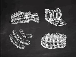 un' impostato di disegnato a mano schizzi di carne pezzi, Bacon, prosciutto, Maiale, salsiccia. fresco carne prodotti su lavagna sfondo. per design di menù, macellaio negozio. inciso illustrazione. vettore