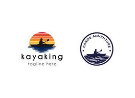 pedale della pagaia della barca del kayak, siluetta del disegno del logo del kayaker del flusso del fiume vettore