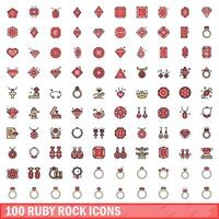 100 rubino roccia icone impostare, colore linea stile vettore