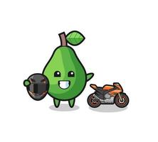 simpatico cartone animato di avocado come pilota di motociclette vettore