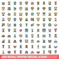 100 reale trofeo medaglia icone impostare, colore linea stile vettore