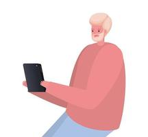 cartone animato uomo biondo con disegno vettoriale di lavoro tablet