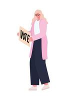 donna vestita in cappotto rosa con un poster di voto vettore