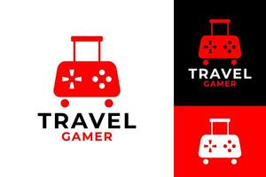 viaggio gamer valigia logo design vettore