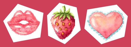 impostato di pixel cuore, labbra, fragola. decorazione elementi di amore, passione, sentimenti. vettore colorato illustrazioni.