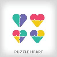 creativo puzzle pezzi e 4 diverso cuore loghi. unico colore transizioni. Salute e romantico logo modello. vettore