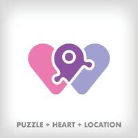 creativo puzzle pezzi cuore e Posizione logo. unico colore transizioni. assistenza sanitaria ricerca e sviluppo palcoscenico logo modello. vettore