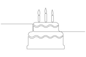 continuo uno linea arte disegno di compleanno torta con crema, candela compleanno festa simbolo di celebrazione vettore