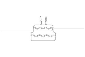 continuo uno linea arte disegno di compleanno torta con crema, candela compleanno festa simbolo di celebrazione vettore