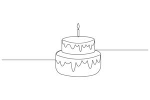 continuo uno linea arte disegno di compleanno torta con crema, candela compleanno festa simbolo di celebrazione vettore