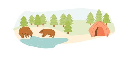 campeggio viaggio nel natura con orso vicino il pizzo. vettore illustrazione isolato. bellissimo scenario per viaggio striscione. carino orsi nel natura.