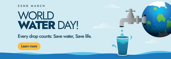 mondo acqua giorno. marzo 22, mondo acqua giorno celebrazione copertina bandiera con terra globo avendo rubinetto su esso e acqua In arrivo a partire dal rubinetto in il bicchiere. importanza di Salvataggio acqua consapevolezza striscione, carta idea. vettore