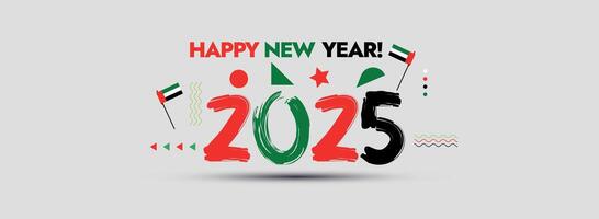 Emirati Arabi Uniti contento nuovo anno. 2025 nel Emirati Arabi Uniti copertina striscione. 2025 nuovo anno bandiera con buio verde, giallo colore. 2025 nel dipingere ictus. nuovo anno celebrazione bandiera e sociale media inviare. dubai festeggiare nuovo anno vettore