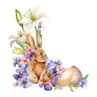 Pasqua coniglio, uova e blu fiori pervinca. Pasqua illustrazione isolato su bianca sfondo. acquerello lepre e colorato fiori mano disegnato. dipinto giglio, primula. per design saluto carta. vettore