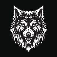 buio arte lupo arrabbiato pauroso testa nero e bianca illustrazione vettore