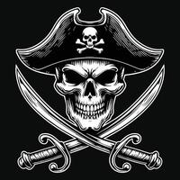 buio arte pirati cranio testa con cappello pirati nero e bianca illustrazione vettore