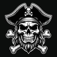 buio arte pirati cranio testa con cappello pirati nero e bianca illustrazione vettore