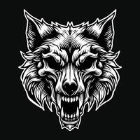 buio arte cranio arrabbiato bestia lupo testa nero e bianca illustrazione vettore