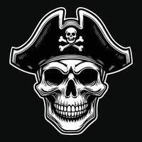 buio arte pirati cranio testa con cappello pirati nero e bianca illustrazione vettore