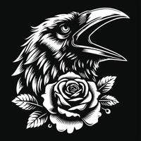 corvo testa con rosa fiore grunge Vintage ▾ stile mano disegnato illustrazione nero e bianca vettore