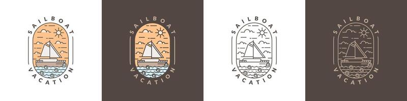 illustrazione di barca a vela e oceano monoline o linea arte stile vettore