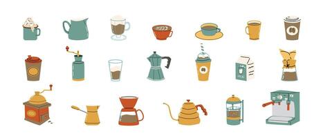 grande impostato per caffè birra attrezzatura e forniture mano disegnato vettore