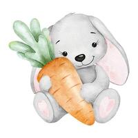 carino coniglietto è Tenere un' carota. lepre abbracci enorme carota. Pasqua coniglio. isolato acquerello illustrazione per figli di merce, carte, manifesti, inviti, del bambino tessile e scrapbooking. vettore