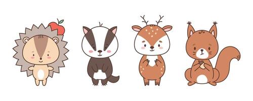 impostato di carino foresta animali riccio, tasso, cervo, scoiattolo. carino animali nel kawaii stile. disegni per bambini. vettore illustrazione