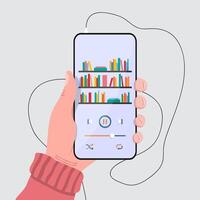 mano Tenere un' smartphone con un' libreria su schermo . digitale libreria App concetto ilustration vettore