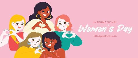 internazionale Da donna giorno bandiera vettore. ispirare inclusione hashtag slogan con mano disegnato donne personaggio a partire dal diverso sfondo cuore forma mano gesto. design per manifesto, campagna, sociale media. vettore