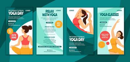 yoga giorno sociale media storie piatto cartone animato mano disegnato modelli sfondo illustrazione vettore