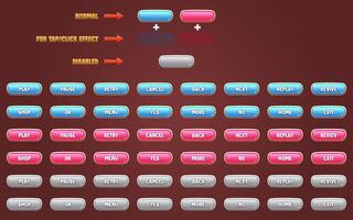 impostato di pulsanti modello per edificio 2d Giochi su mobile e ragnatela. pulsanti con tre Visualizza - normale, rubinetto e Disabilitato. Questo tutto incluso grafico utente interfaccia gui impostato è nel un' morbido stile. vettore