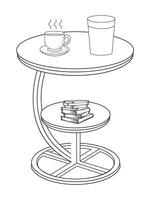 caffè e tè tavolo con bicchiere e di legno tavolo, tazza di caldo tè e tè foglia su il di legno tavolo e il tè piantagioni sfondo vettore