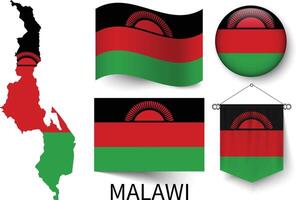 il vario modelli di il malawi nazionale bandiere e il carta geografica di del Malawi frontiere vettore