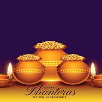 indiano culturale contento dhanteras religioso sfondo con olio lampada e moneta pentola vettore